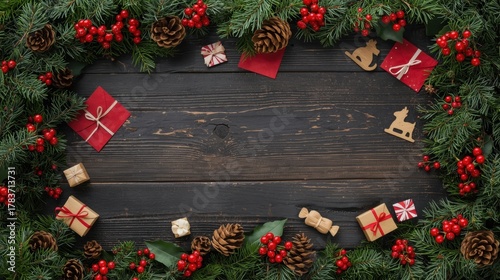 Rustic Christmas Wreath Frame. A flat lay image featuring a dark, rustic wooden background framed by an oval border of evergreen branches, red berries, and scattered small elements like pine cones, ti
