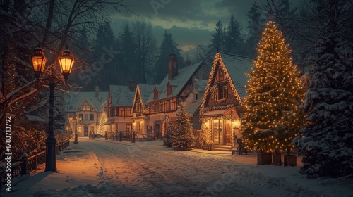 Cozy Winter Village Night. A digitally painted scene of a charming, snow-covered European village street at twilight, with warm light spilling from the half-timbered houses, a glowing street lamp, and