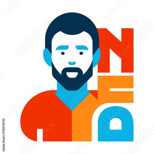 Stylized bearded man avatar with colorful 'nfd' graphic illustration