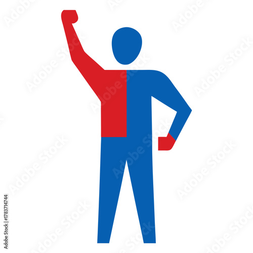 Red and blue graphic symbol of person with raised fist, power