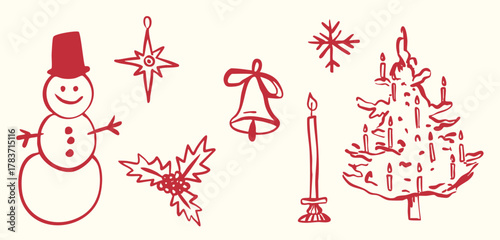 Whimsical winter christmas tree snowman doodle sketch vector illustration. Holiday line art simple party decoration for new year. Minimalist snowflake outline set. 