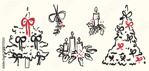 Happy new year and. Christmas holiday decoration in line simple sketchy style. Christmas tree, mistletoe, burning candles for table setting bow collection.