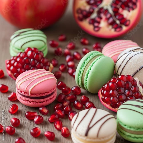 Colorful Macarons and Pomegranate Seeds - A Sweet and Fruity Delight.