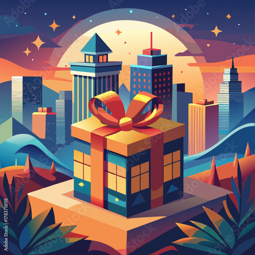 A gift box in a city landscape with stars in the sky