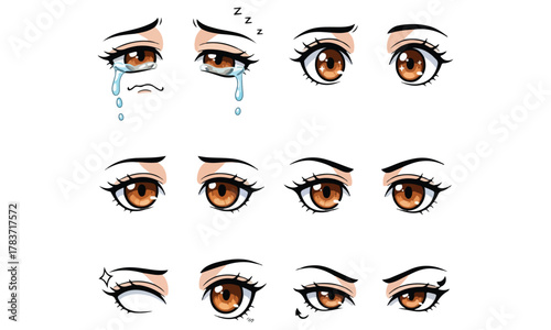 Anime eye expressions set with detailed brown eyes showing various emotions — crying, sleepy, sad, and smiling. Colorful manga-style vector illustration ideal for character design, comic art, stickers