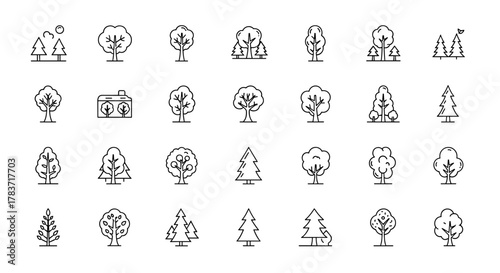 Collection of thin line icons representing various trees and forest elements, perfect for web design, books, cards, and apps. This editable stroke vector cartoon illustration features a white