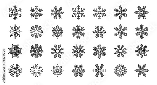 Collection of 30 unique snowflake icons with thin, editable strokes, perfect for web design, book illustrations, greeting cards, and mobile applications. This vector cartoon illustration features a