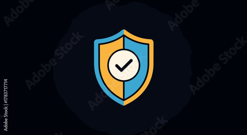 Vivid flat design icon of a shield with a checkmark inside, symbolizing security, protection, and verification, set against a dark background. This graphic represents concepts of safety, trust, and