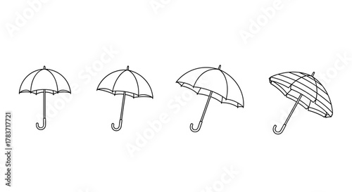 Set of four stylized line art umbrellas, parasols, and bumbershoots in black and white, presented on a clean white background, offering a minimalist and versatile vector illustration for various