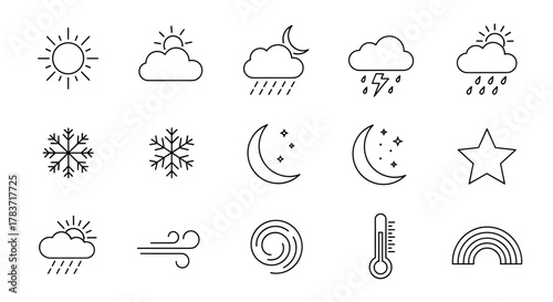 A collection of minimalist line vector icons depicting various weather phenomena and celestial bodies, including sun, clouds, rain, lightning, snow, moon, stars, wind, thermometer, and rainbow
