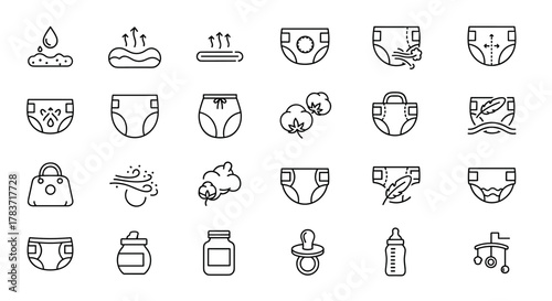 Diaper and baby pants line icons set, representing baby care and newborn hygiene. Features include absorbency, breathability, cotton material, and softness, depicted as vector pictograms for modern