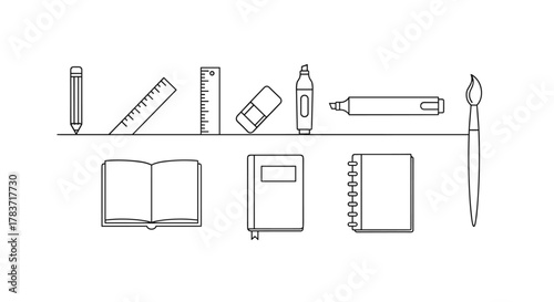 A minimalist line icon set featuring essential drawing and writing tools, including a pencil, angled ruler, vertical ruler, eraser, liner marker, highlighter, open sketchbook, closed notebook, and