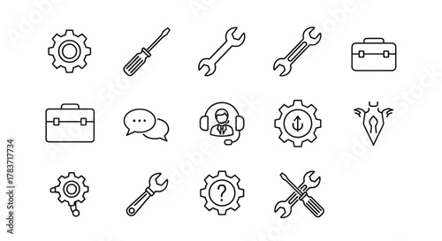 A collection of thin black line icons representing tools and services, including gears, screwdrivers, spanners, a briefcase, chat bubbles, a customer support agent with headphones, and a question