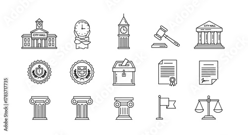 City hall building line icon set, outline vector sign, linear style pictogram, vector illustration on white background. Ordered line icon set on white background. Collection of symbols for