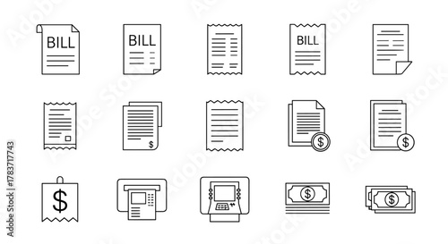 Set of editable line icons representing bill payment and finance-related concepts, including bills, receipts, invoices, documents, ATM, and cash, presented as a vector illustration for clear visual