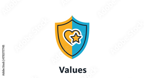 Abstract shield icon symbolizing core values, featuring a heart and star emblem, representing brand integrity, customer loyalty, and ethical principles in business and marketing strategy, with a