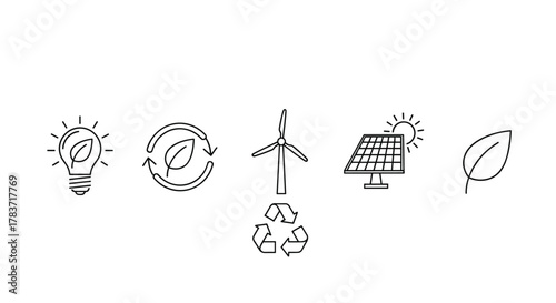 Set of clean line icons representing eco-friendly energy and sustainability: a lightbulb with a leaf, a circular arrow with a leaf, a wind turbine, a solar panel with the sun, a recycling symbol, and