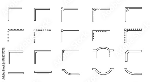 Collection of simple line art frame elements and border designs, including corner elements, decorative lines, and curved shapes, presented as a vector flat icon set on a clean white background