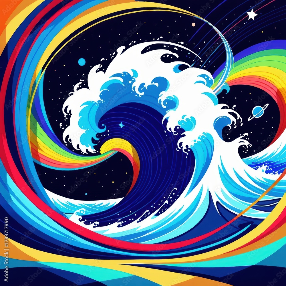 Fototapeta premium Vibrant Abstract Representation of Colorful Ocean Waves Against a Starry Cosmic Background