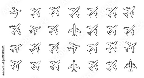 Collection of diverse airplane and aircraft outline symbols, perfect for graphic and web design, app interfaces, advertisements, and various card designs, presented as a vector cartoon illustration