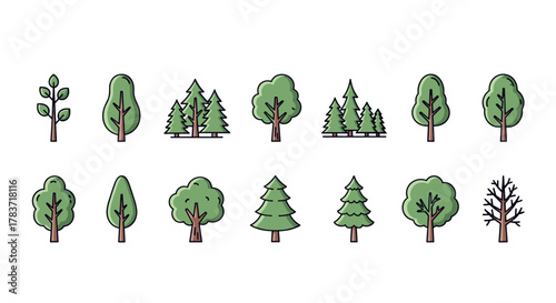 Collection of stylized flat vector trees, including deciduous and coniferous species, presented in a clean, organized row against a white background, perfect for graphic design, illustration, and