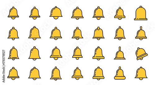 Collection of yellow bell icons with a filled color and minimalistic linear pictogram style, perfect for web and graphic design, apps, banners, social networks, cards, and vector creations, offering