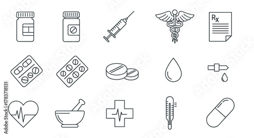 A clean and modern line icon set representing various aspects of medicine and healthcare, including pills, capsules, syringes, medical symbols like the Caduceus and Rx prescription, a heart rate