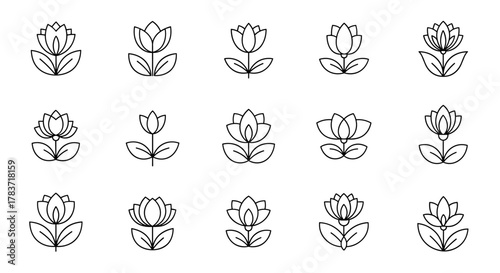 Set of 15 stylized lotus flower line icons, each featuring a unique arrangement of petals and leaves, presented on a clean white background, perfect for branding, logos, and design elements.