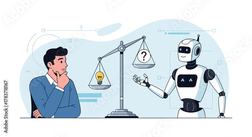 Thoughtful man in blue shirt ponders a balance scale with a glowing lightbulb on one side and a question mark on the other, facing a friendly robot assistant, symbolizing AI decision-making, ethics