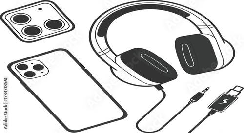 A flat vector set of electronic computer device icons, including a laptop, monitor, tablet, and mobile phone for technology illustration