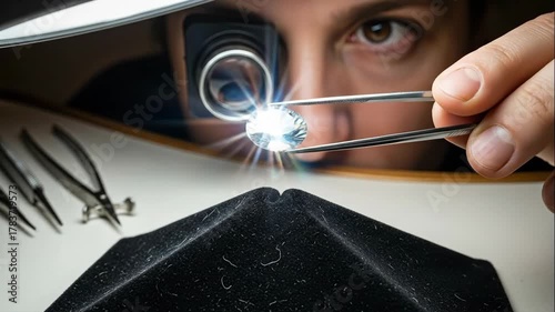 Jeweler inspecting a large diamond with tweezers and a loupe. Close-up of a gemologist grading a precious gemstone. Luxury and craftsmanship in the jewelry industry