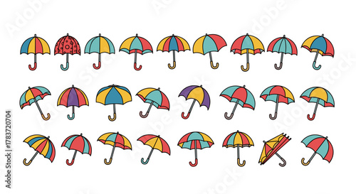 Collection of colorful cartoon umbrellas and parasols, including a patterned red umbrella and a folded umbrella, presented on a clean white background, ideal for graphic design, book illustrations