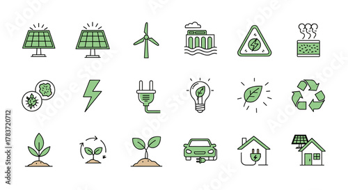Set of simple line icons for green energy and renewable resources, including solar panels, wind turbines, hydroelectric dams, electric cars, and recycling symbols, representing ecology and