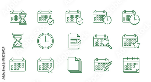 Set of clean line icons representing time management and scheduling concepts, including calendars with checkmarks, hourglasses, clocks, documents, search magnifying glass, star ratings, pencils, and