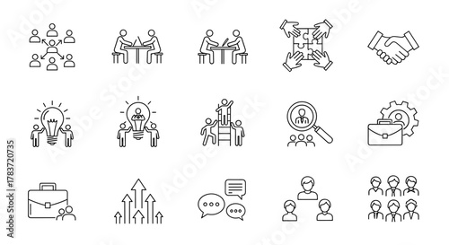 A collection of thin line icons representing teamwork, collaboration, and business concepts, including team building, human resources, coworking, and professional development, suitable for digital