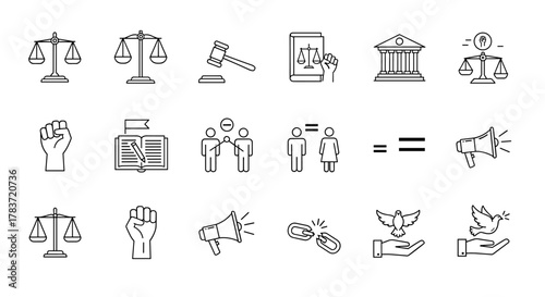 Human rights line icon set: A collection of simple outline symbols representing justice, law, equality, social activism, freedom, and peace, including scales of justice, gavels, court buildings