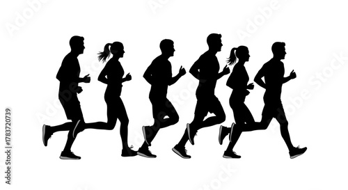 Dynamic black silhouettes of a diverse group of men and women running together in a side view, capturing the energy and motion of a group fitness activity or marathon, isolated on a white background