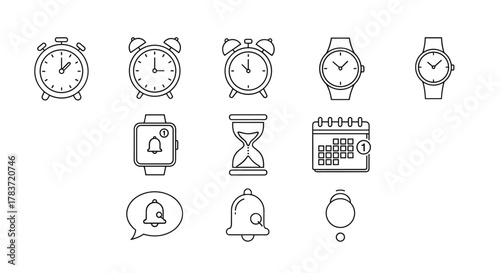 Collection of time-related outline icons, including alarm clocks, wristwatches, a smartwatch with a notification, an hourglass, and a calendar with a notification, representing concepts of time