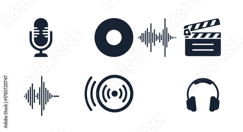 A collection of six dark blue solid icons representing various aspects of audio and entertainment, including a vintage microphone, a vinyl record, a clapperboard, a sound wave, a signal disc, and