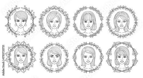Set of eight diverse line art illustrations of beautiful women's faces framed by delicate floral and leaf wreaths, presented on a clean white background, perfect for beauty, fashion, and lifestyle