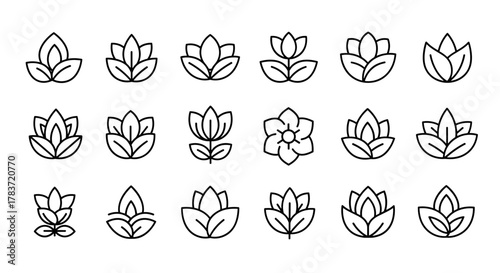 Set of 15 abstract line art flower and leaf logo icons, presented in a clean, modern, and minimalist style, perfect for branding and design projects, isolated on a white background for easy