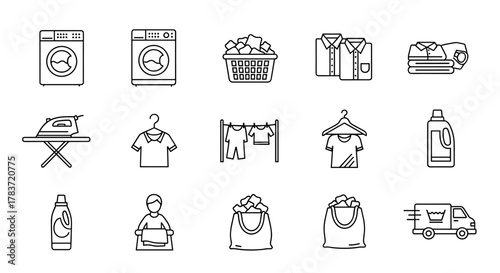 Set of clean line art icons representing laundry services, including washing machines, laundry basket, folded shirts, ironing board, clothes on a hanger, drying rack, detergent bottle, person holding