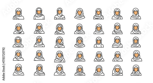 A meticulously arranged collection of linear, minimalist vector cartoon illustrations depicting women wearing hijabs, presented as an ordered set of line icons against a clean white background