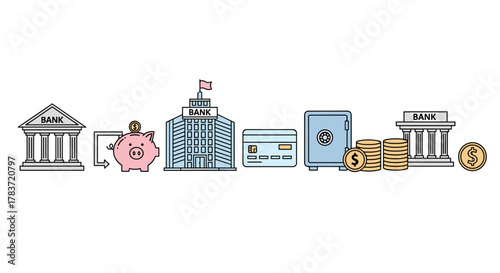 A vibrant and illustrative collection of bank-related icons, featuring classic and modern bank buildings, a piggy bank with a coin, a credit card, a secure safe, and stacks of coins, all rendered in