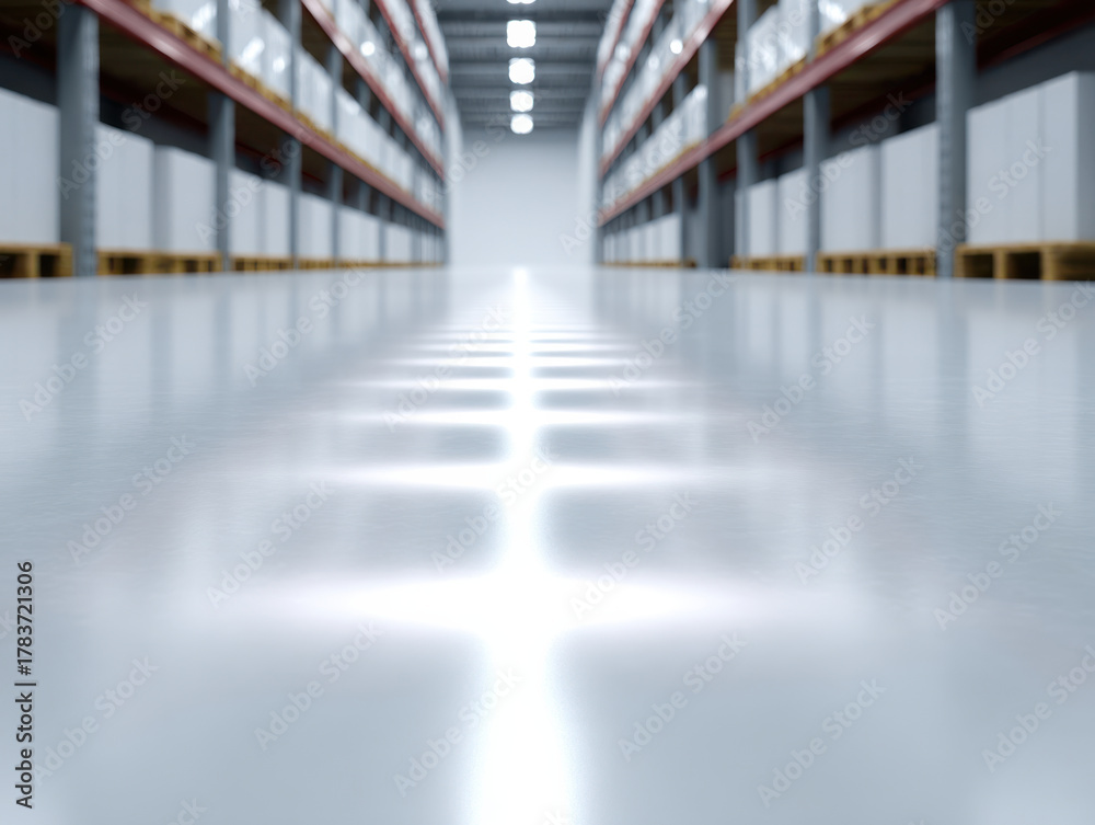 Fototapeta premium High tech warehouse aisle with LED floor grid reflections creating futuristic and clean storage environment