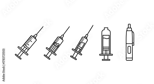 Set of five medical icons featuring syringes and an insulin pen, presented as clean outline vector illustrations on a white background, ideal for graphic design, web, apps, and advertising purposes
