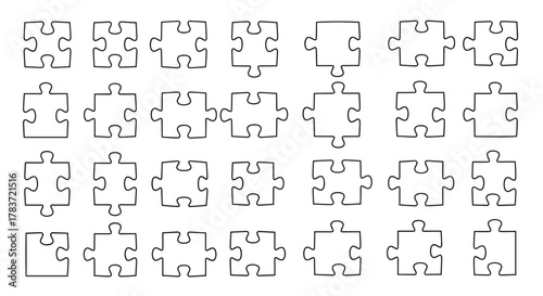 Collection of blank puzzle pieces in outline style, perfect for infographics, articles, books, flyers, and banners. This editable stroke vector cartoon illustration features a white background and