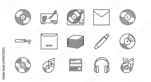 Collection of minimalist line art icons representing vinyl records, turntables, envelopes, stacks of paper, pens, headphones, and musical notes, all on a clean white background, perfect for music