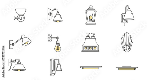 Collection of twelve diverse wall lamp icons in a clean, thin line art style, featuring various designs from modern to vintage, including sconces, lanterns, and adjustable lamps, all presented on a