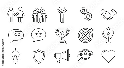A comprehensive collection of vector line icons representing community, teamwork, partnership, success, communication, ideas, and more, perfect for business and lifestyle themes. This set includes